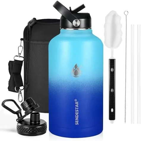 insulated water bottle 64 oz triple wall vacuum stainless steel water bottles cold for 48 hrs leak proof non bpa half gallon water flask jug wide mouth straw lid spout lid